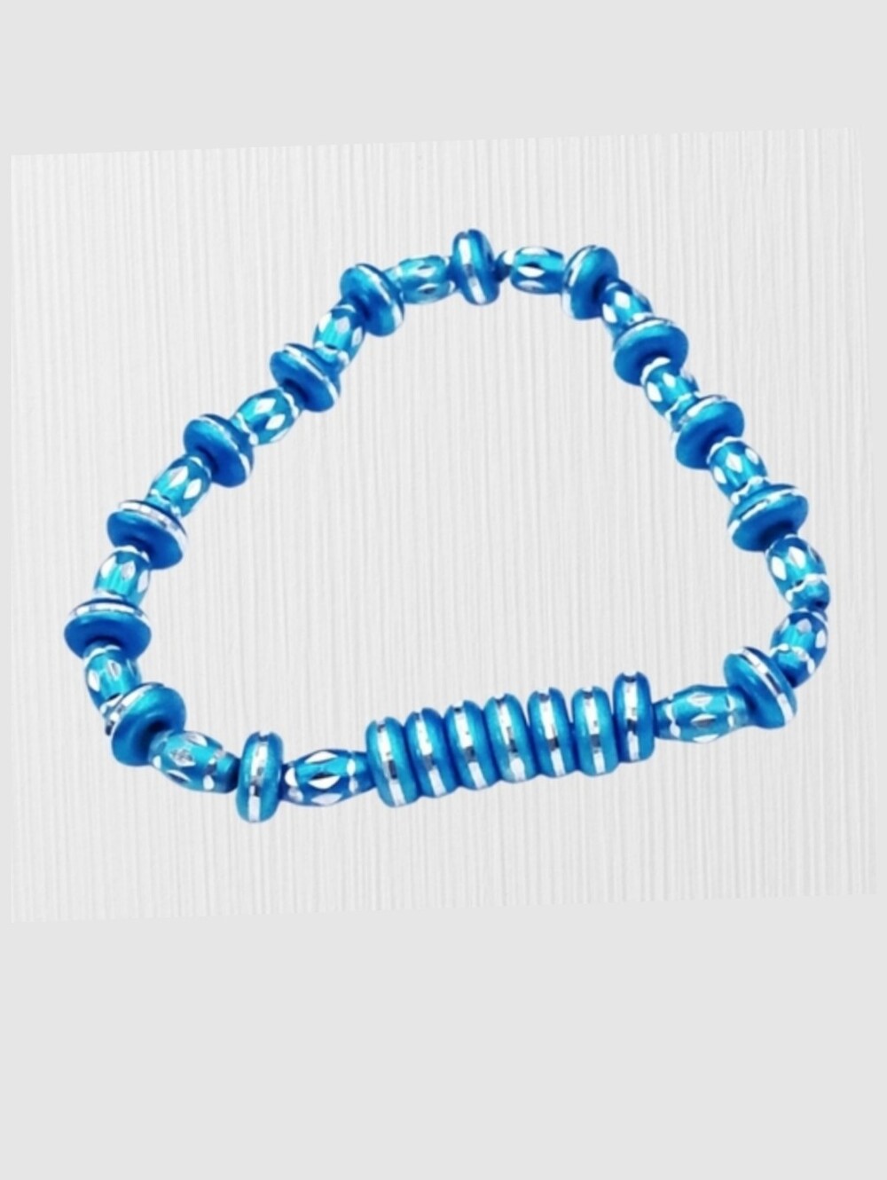 Teal Blue and Silver Beaded Stretch Bracelet | Mixed Disc & Faceted Beads